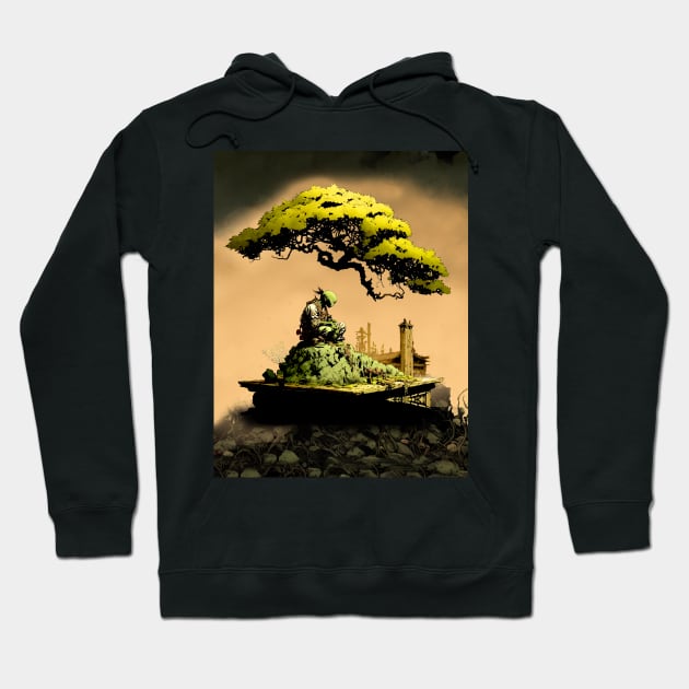 Contemplating the Complexities Under the Japanese Bonsai Tree No. 1 on a dark background Hoodie by Puff Sumo